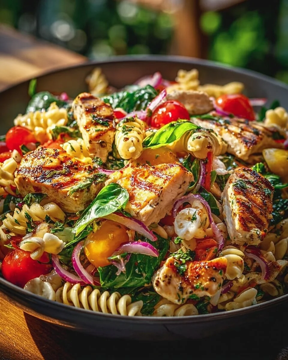 Mediterranean Chicken Pasta Salad with colorful vegetables and herbs