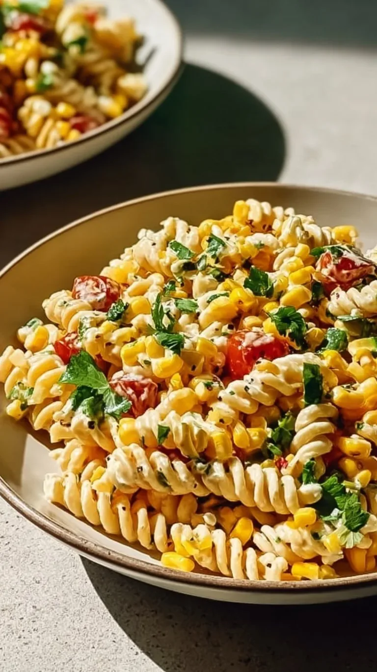 Delicious Mexican street corn pasta salad served in a bowl with fresh ingredients.