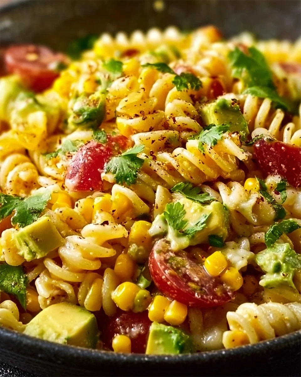 Delicious Mexican Street Corn Pasta Salad in a colorful serving bowl