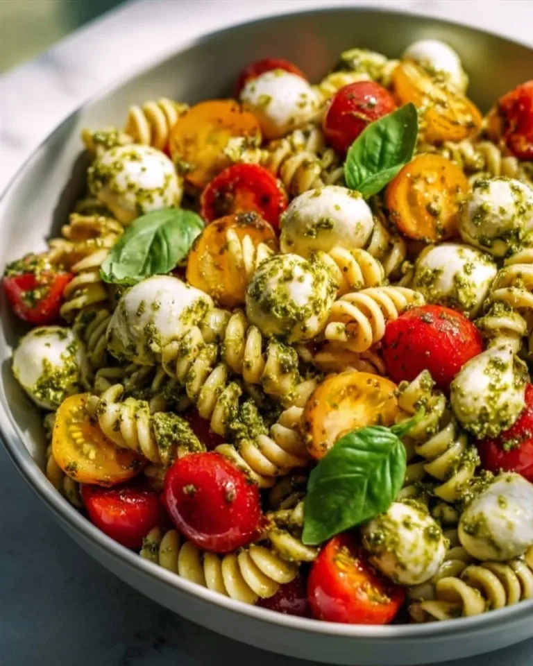 Delicious Pesto Caprese Pasta Salad with fresh mozzarella and basil