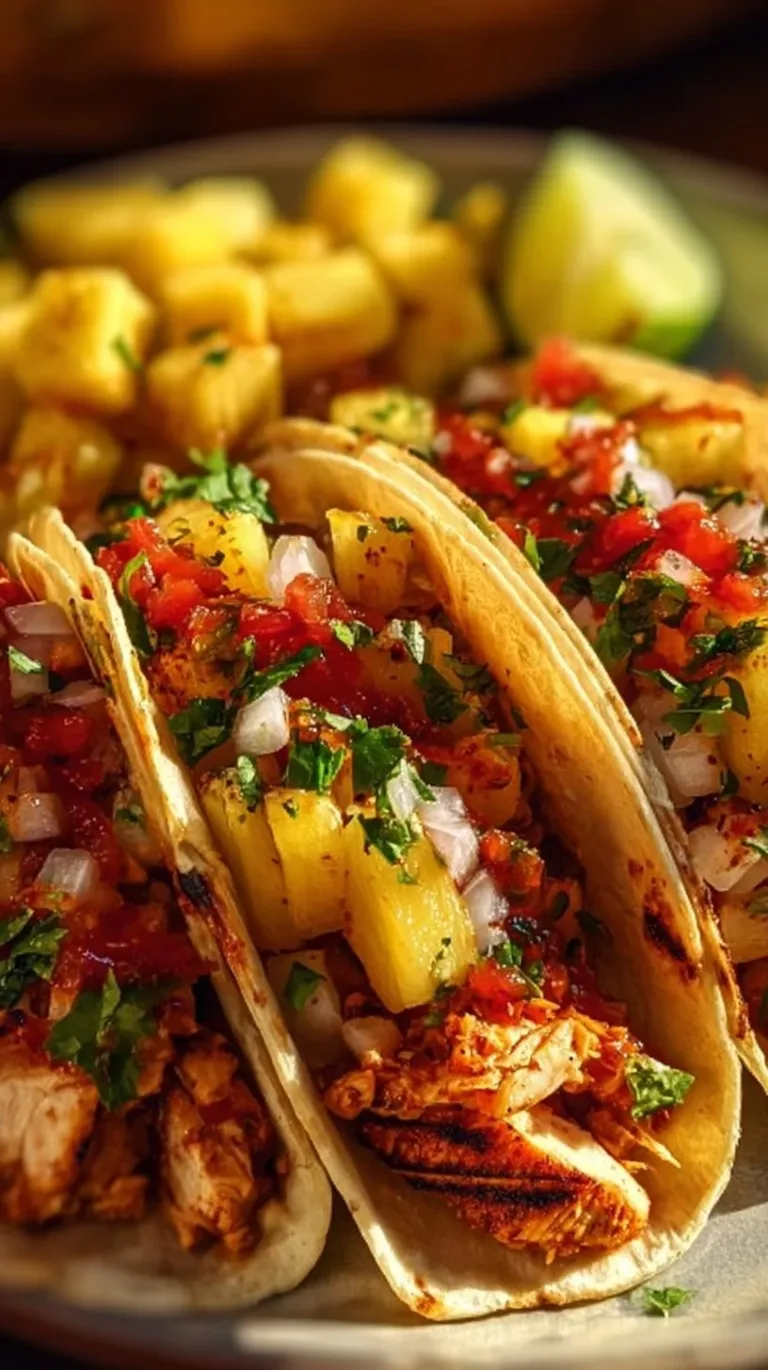Delicious Pineapple Chicken Tacos served with fresh toppings.