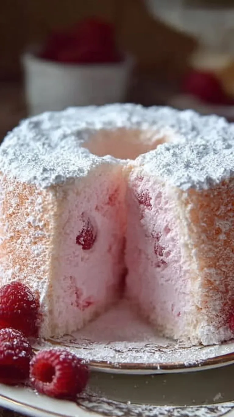 Delicious Raspberry Angel Food Cake with fresh raspberries on top