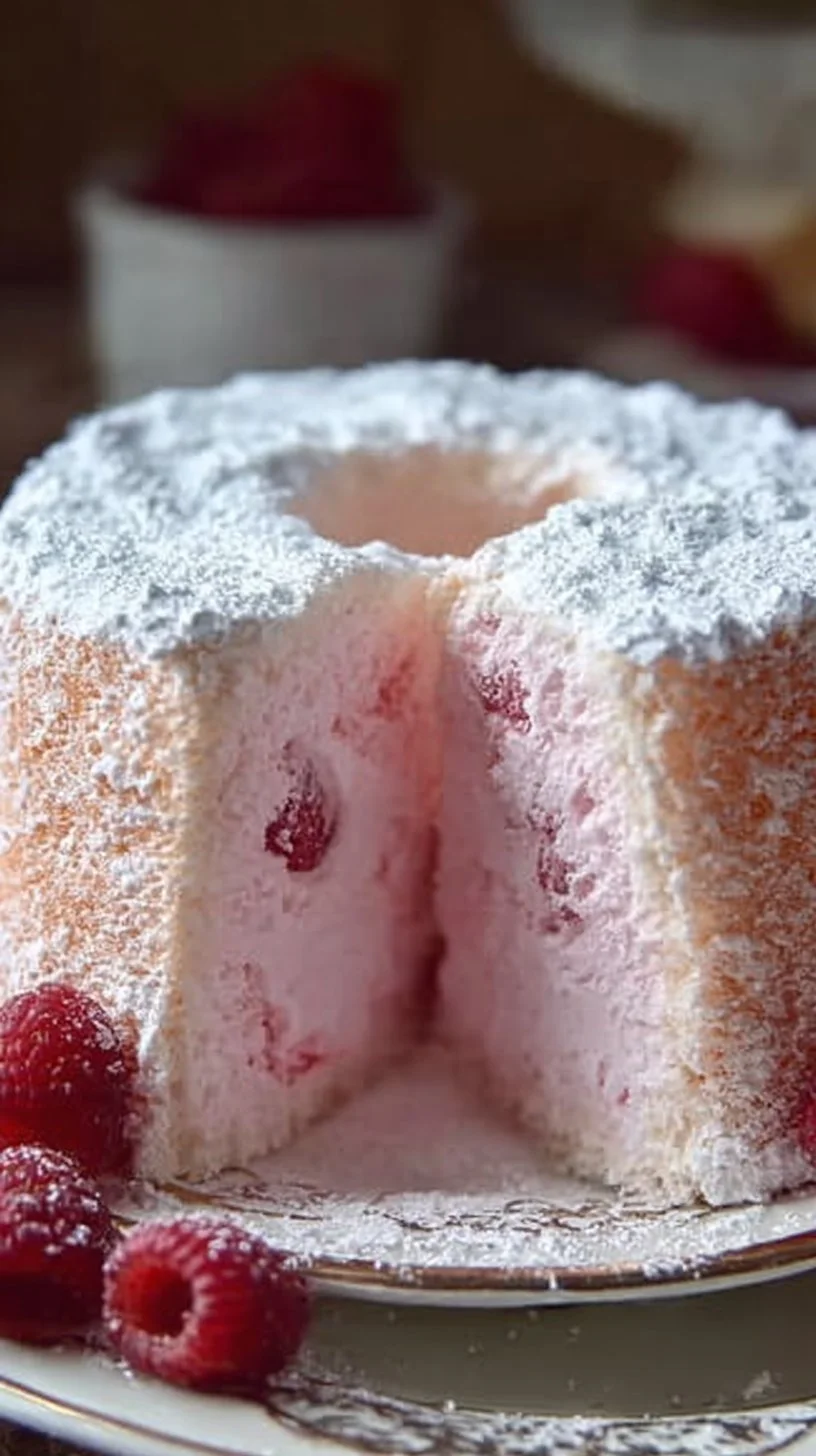 Delicious Raspberry Angel Food Cake with fresh raspberries on top