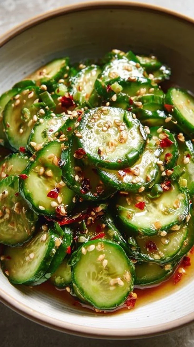Bowl of refreshing Asian cucumber salad with sesame dressing and vegetables