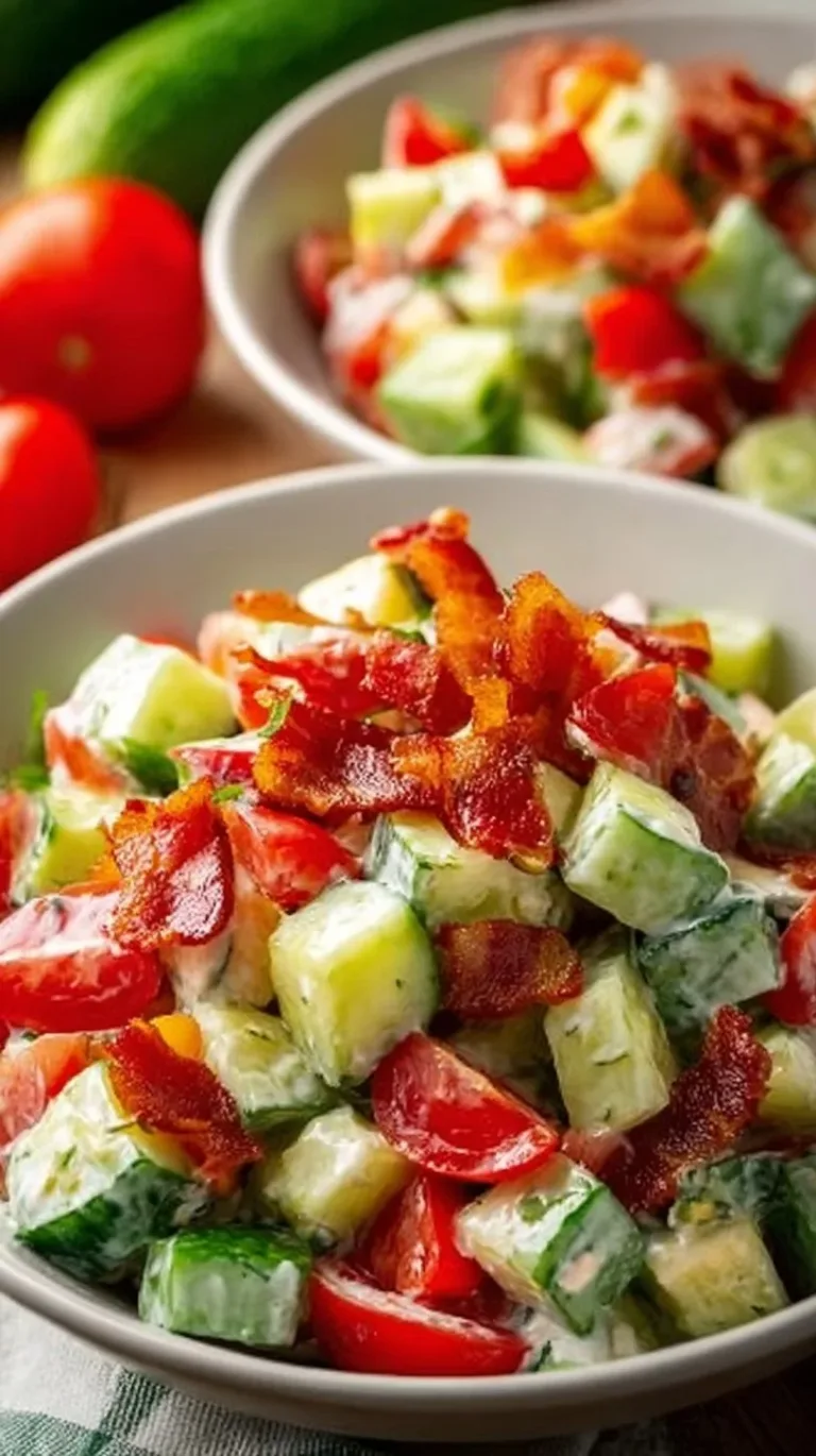 Savory cucumber salad with crispy bacon and fresh vegetables in a bowl