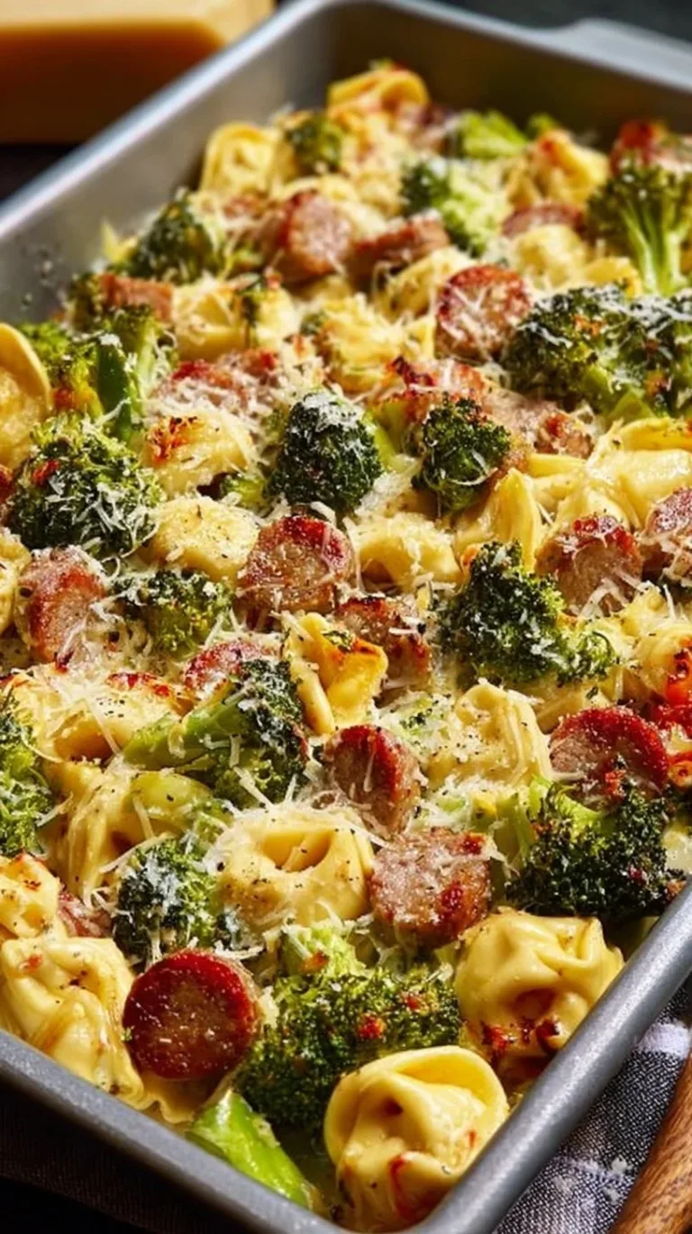 Sheet pan broccoli tortellini bake with fresh ingredients