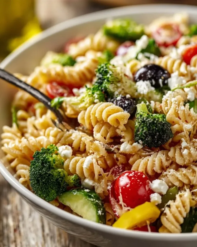 High protein pasta salad in a bowl, featuring fresh vegetables and beans.