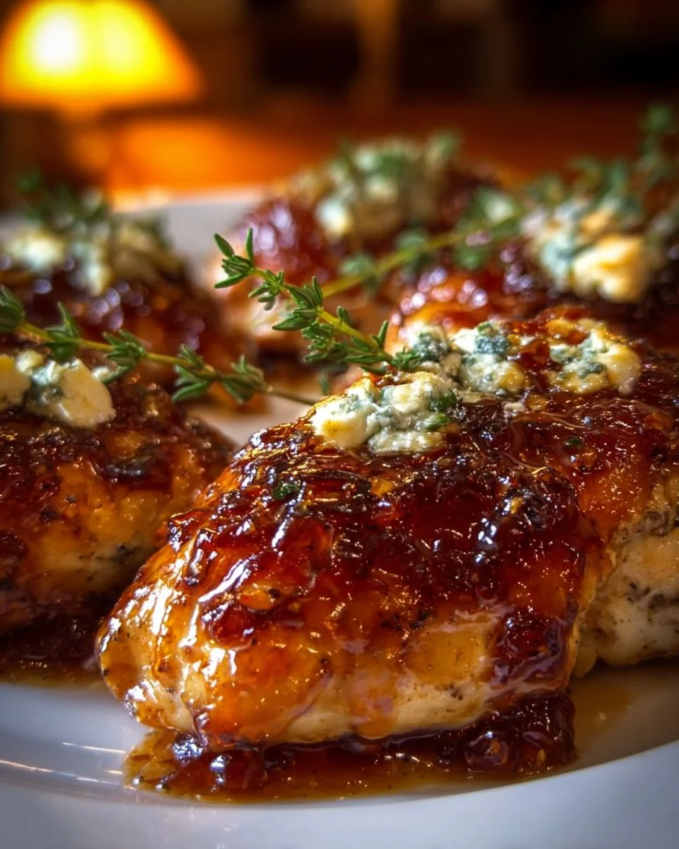 Slow cooker chicken with fig jam and goat cheese served on a plate.