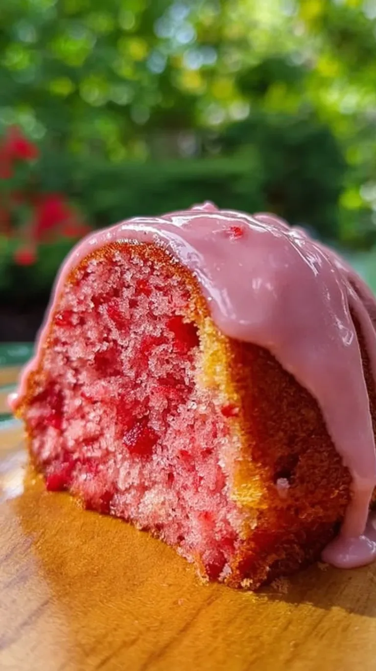 Delicious Strawberry Honeybun Cake topped with fresh strawberries and a glaze