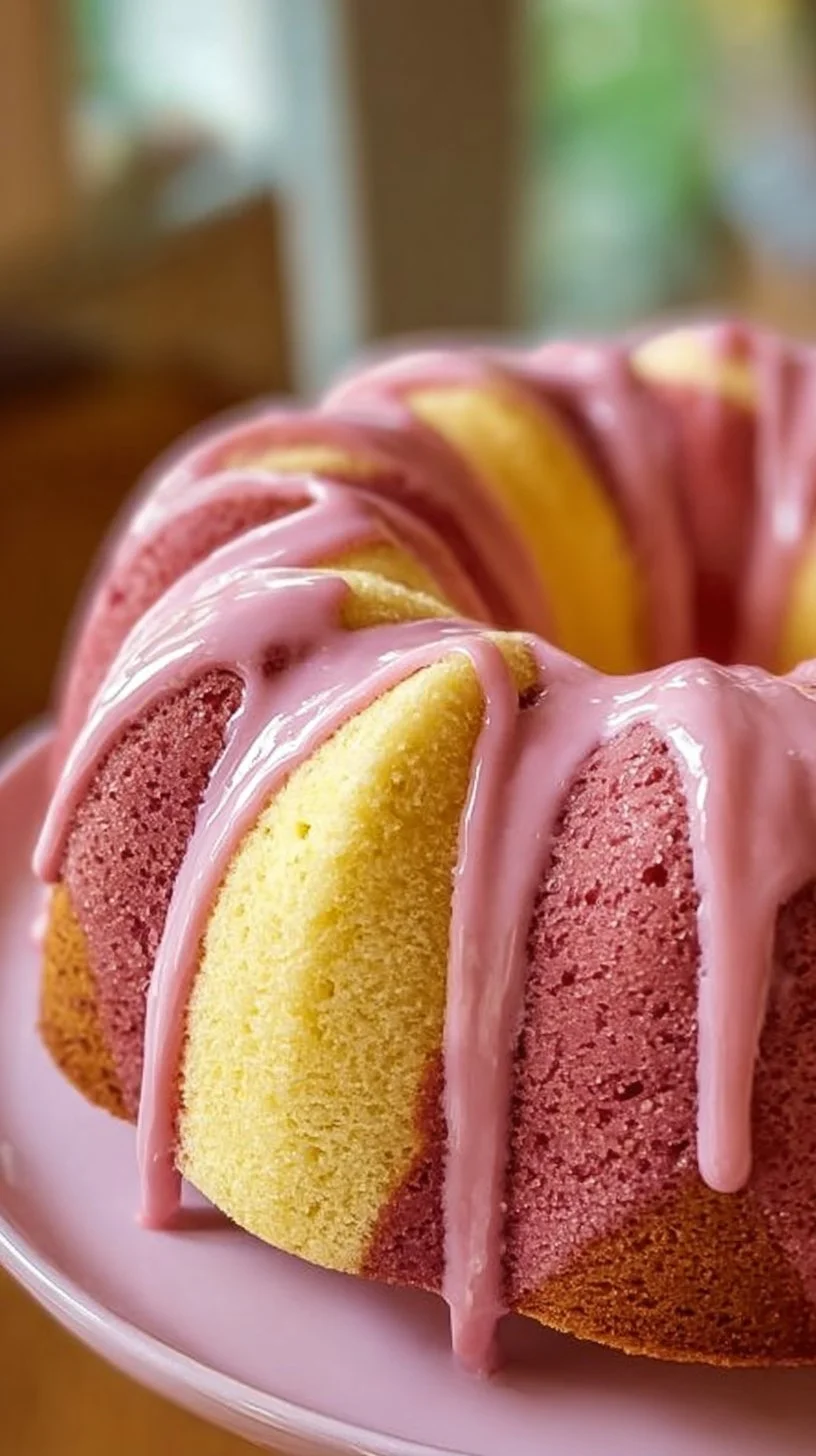 A slice of strawberry milkshake pound cake topped with fresh strawberries and cream.