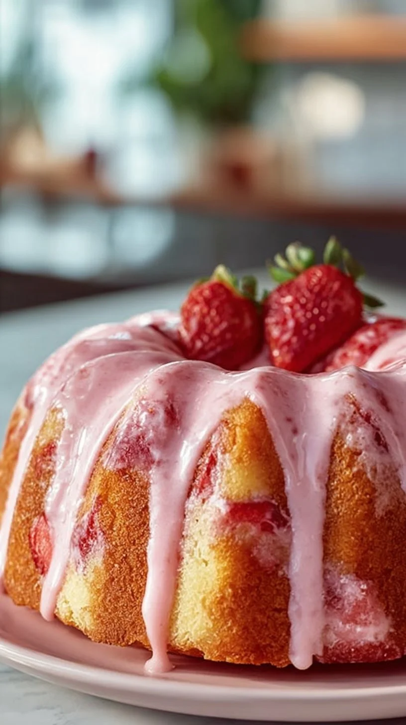 Slice of delicious strawberry milkshake pound cake on a plate