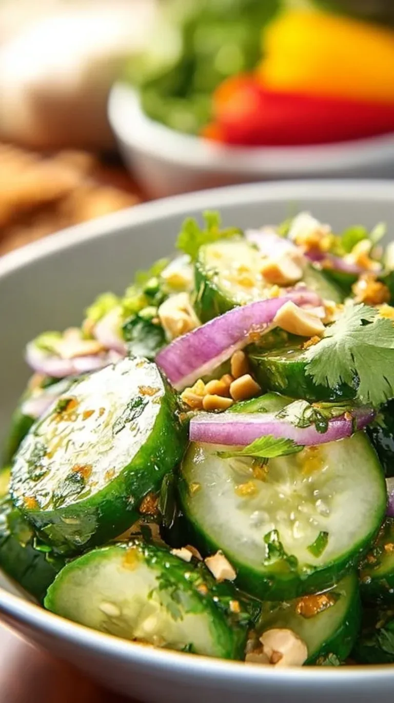 A bowl of refreshing Thai Cucumber Salad with flavorful herbs and dressing.