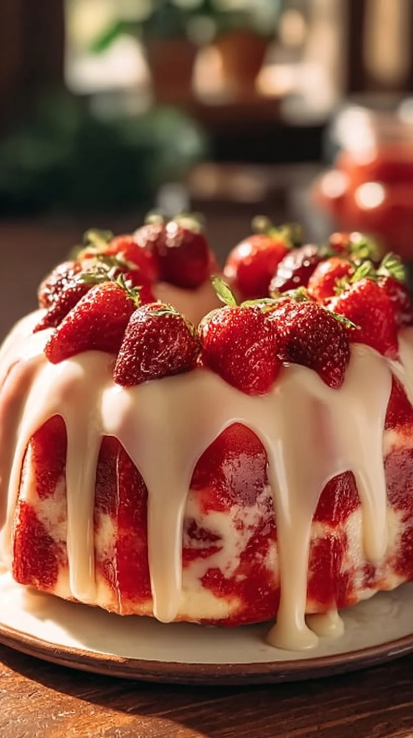 Delicious strawberry cream cheese pound cake with fresh strawberries and cream topping