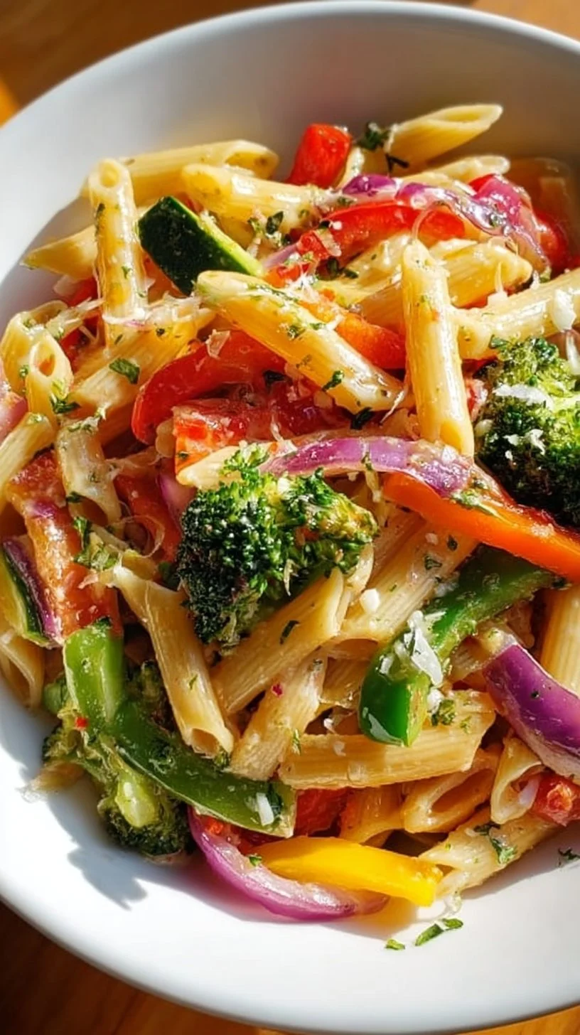 A colorful bowl of Vegetarian Pasta Primavera with fresh vegetables and herbs.