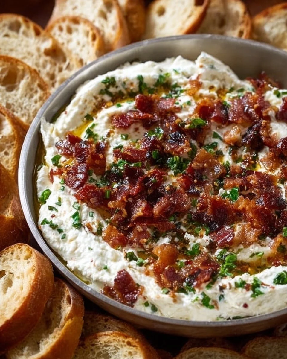 Whipped goat cheese topped with bacon and dates served on a platter