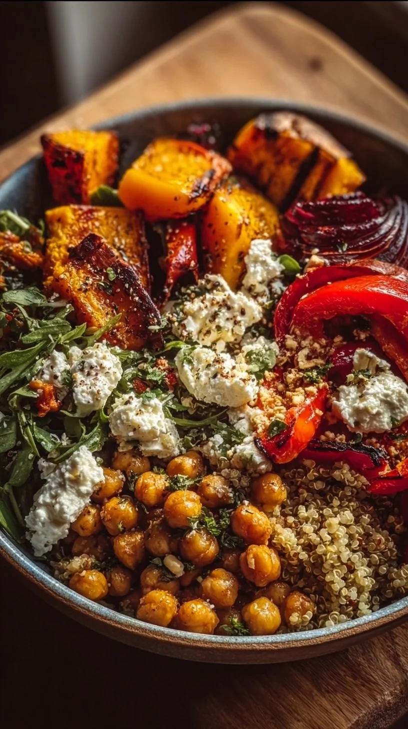 Delicious Winter Mediterranean Quinoa Bowl topped with fresh vegetables and herbs.