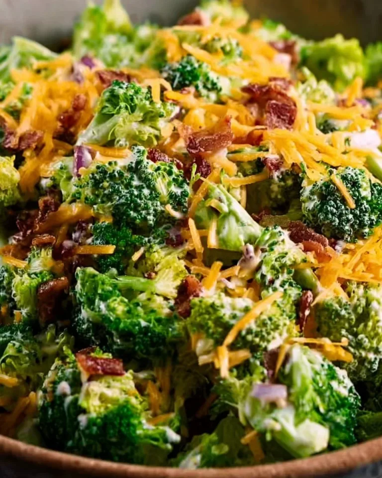 Delicious and colorful broccoli salad with nuts and dressing