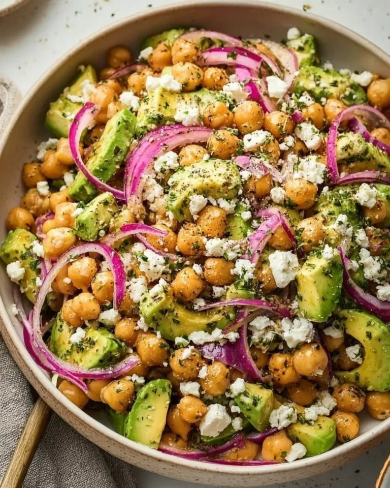 Chickpea Feta Avocado Salad with fresh vegetables and a tantalizing dressing