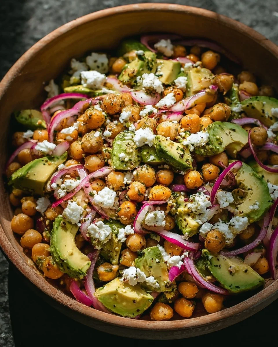 Chickpea Feta Avocado Salad with colorful vegetables and fresh herbs