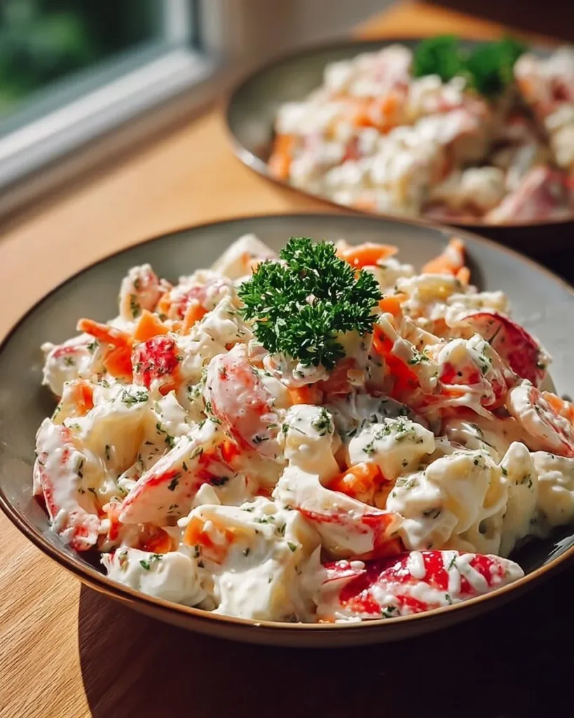 Fresh crab salad served with herbs and vegetables on a plate