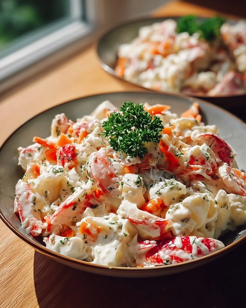 Fresh crab salad served with herbs and vegetables on a plate