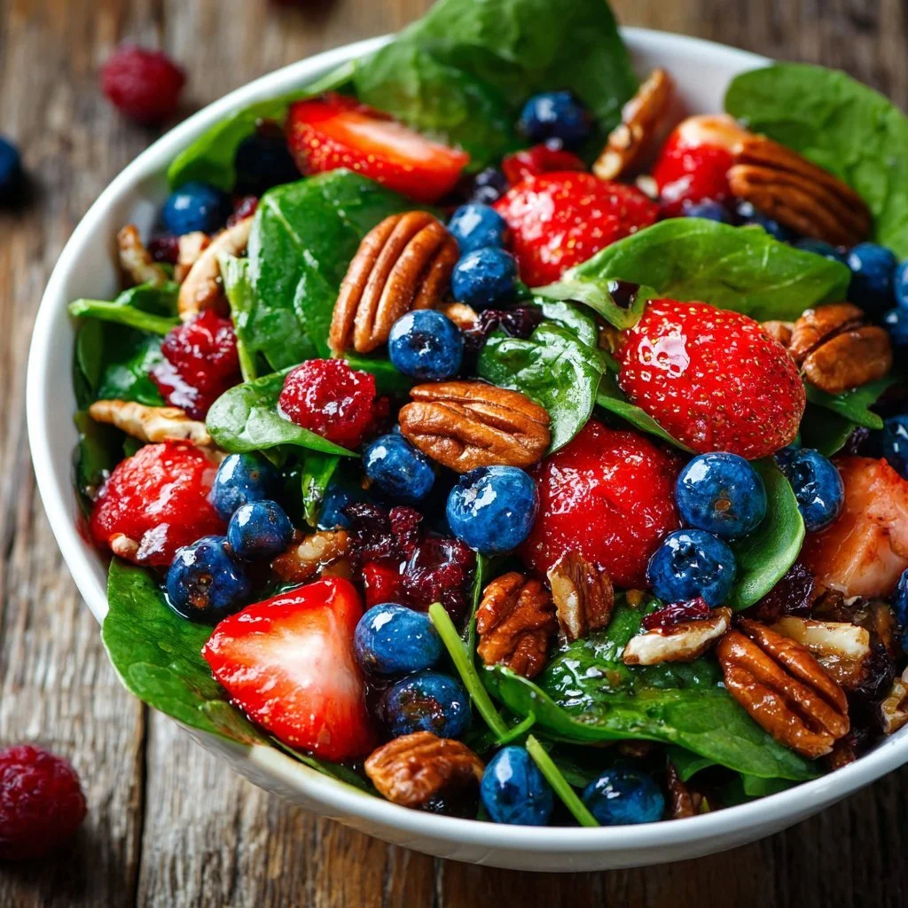 Fresh strawberry spinach salad topped with nuts and a light dressing