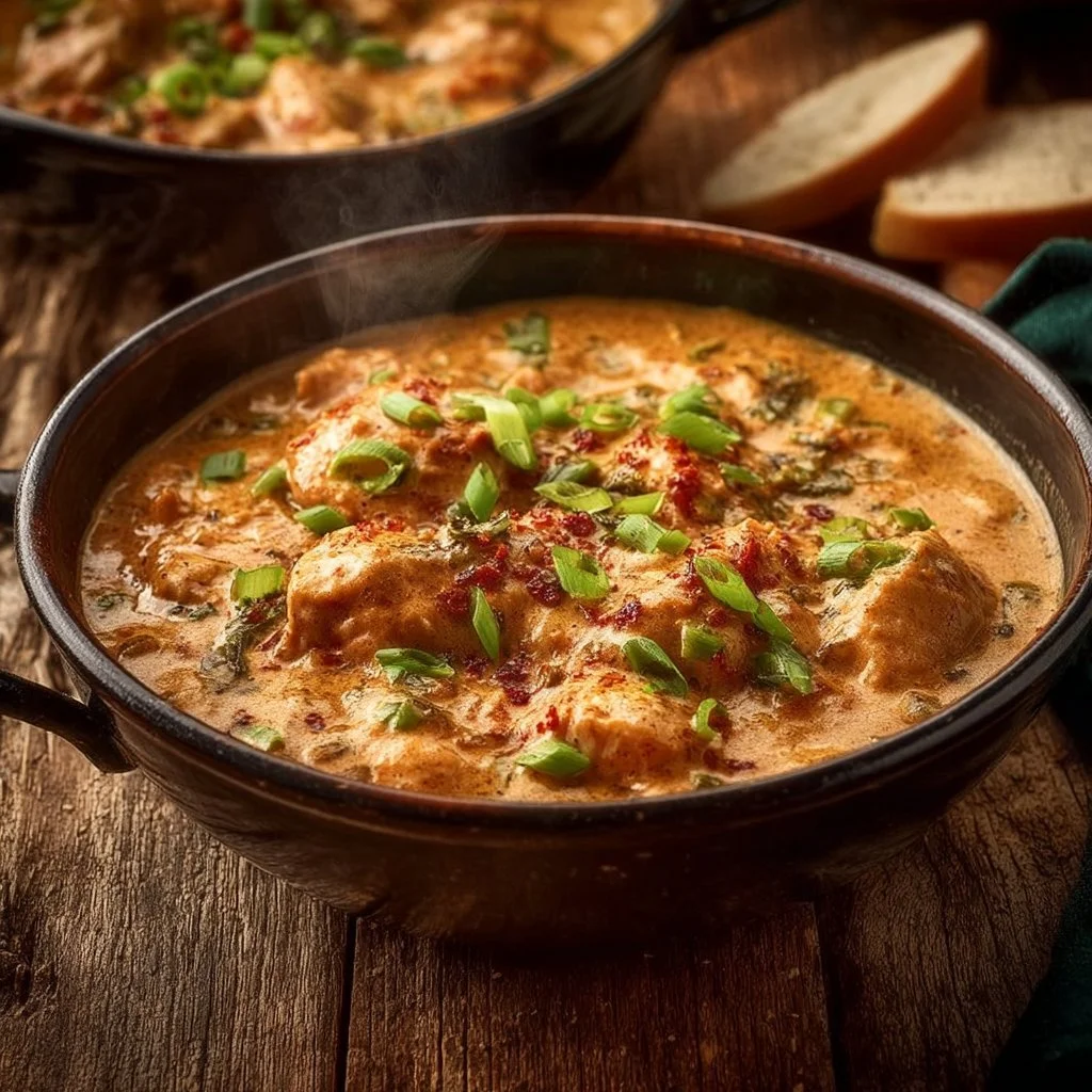 Authentic Chicken Étouffée Chicken Étouffée Delicious bowl of authentic Chicken Étouffée served with rice.