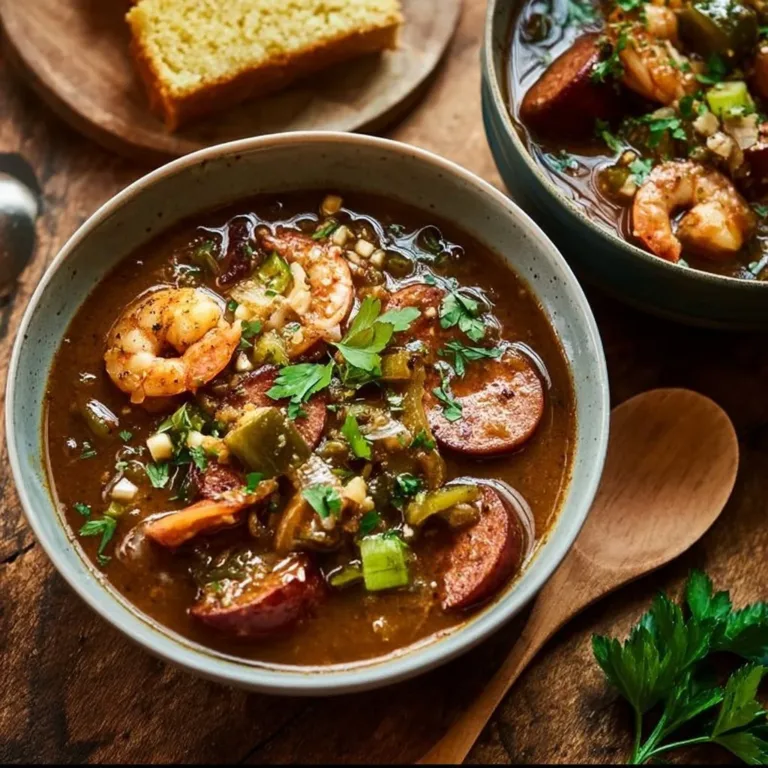 Bowl of authentic New Orleans Gumbo with fresh ingredients and spices