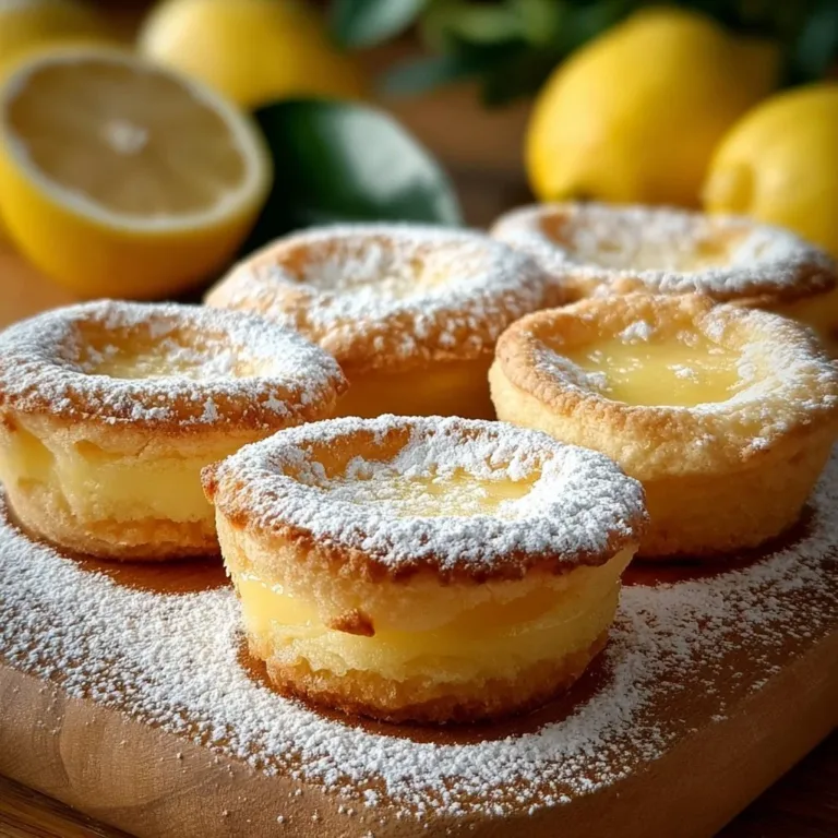 Miniature Baby Lemon Impossible Pies served on a wooden platter