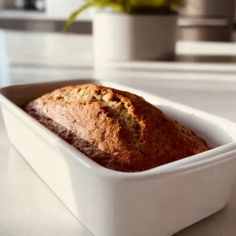 Freshly baked banana bread loaf on a wooden cutting board