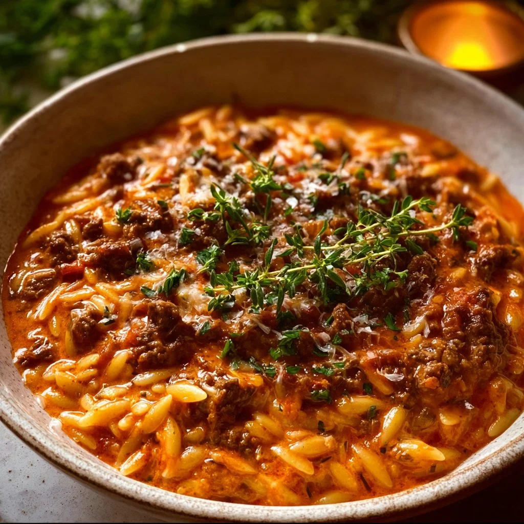 Beef Orzo with Tomato Cream Sauce