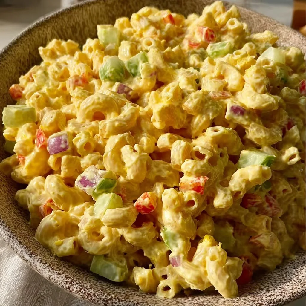 Best Macaroni Salad macaroni salad Delicious homemade macaroni salad in a serving bowl with fresh vegetables.