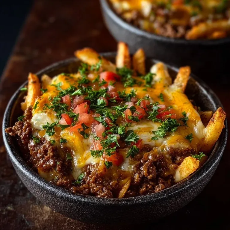 Cheeseburger French Fry Casserole topped with cheese and crispy fries