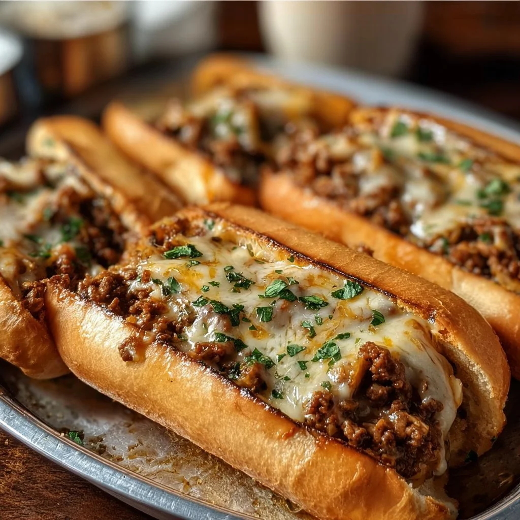 Cheesy Garlic Bread Sloppy Joes with melted cheese and grilled garlic bread