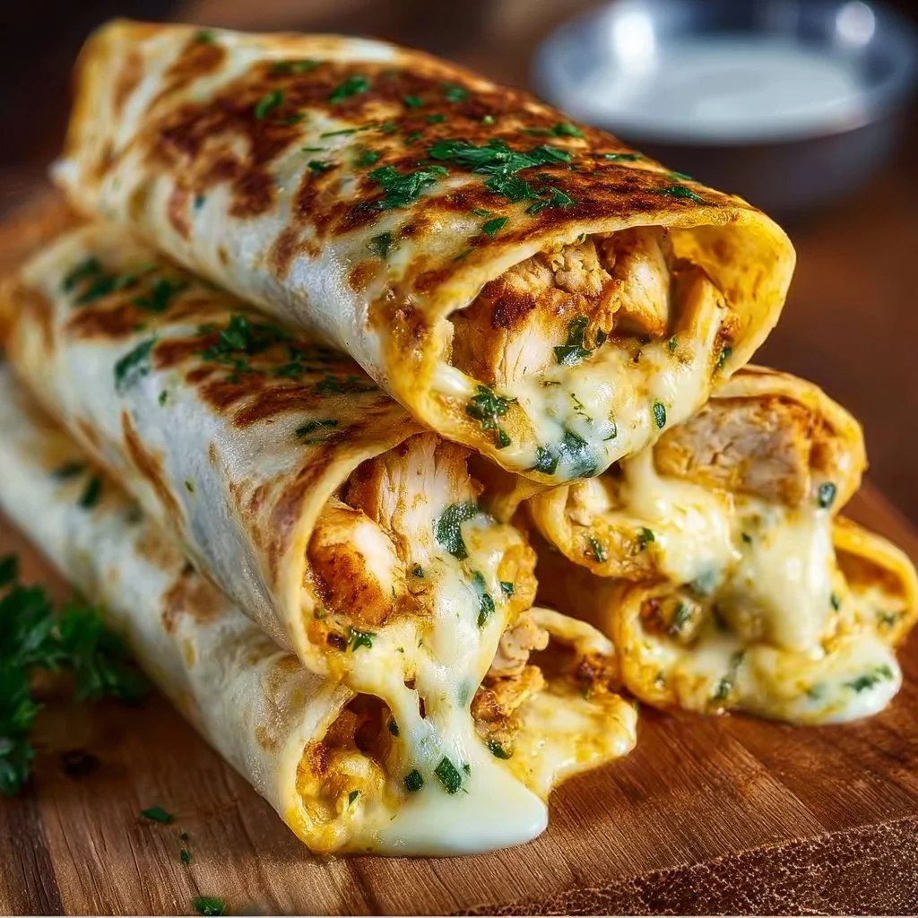 Cheesy Garlic Chicken Wraps Garlic Chicken Wraps Delicious cheesy garlic chicken wraps served with fresh veggies and herbs.