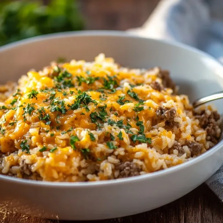 Cheesy ground beef and rice casserole dish ready to serve