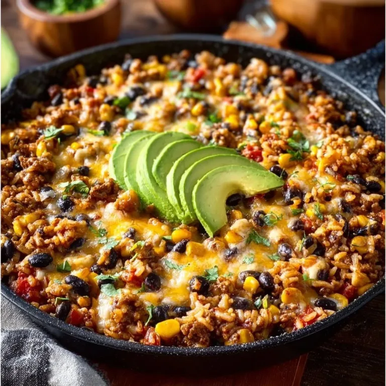 Cheesy taco rice skillet dish topped with cheese and fresh ingredients
