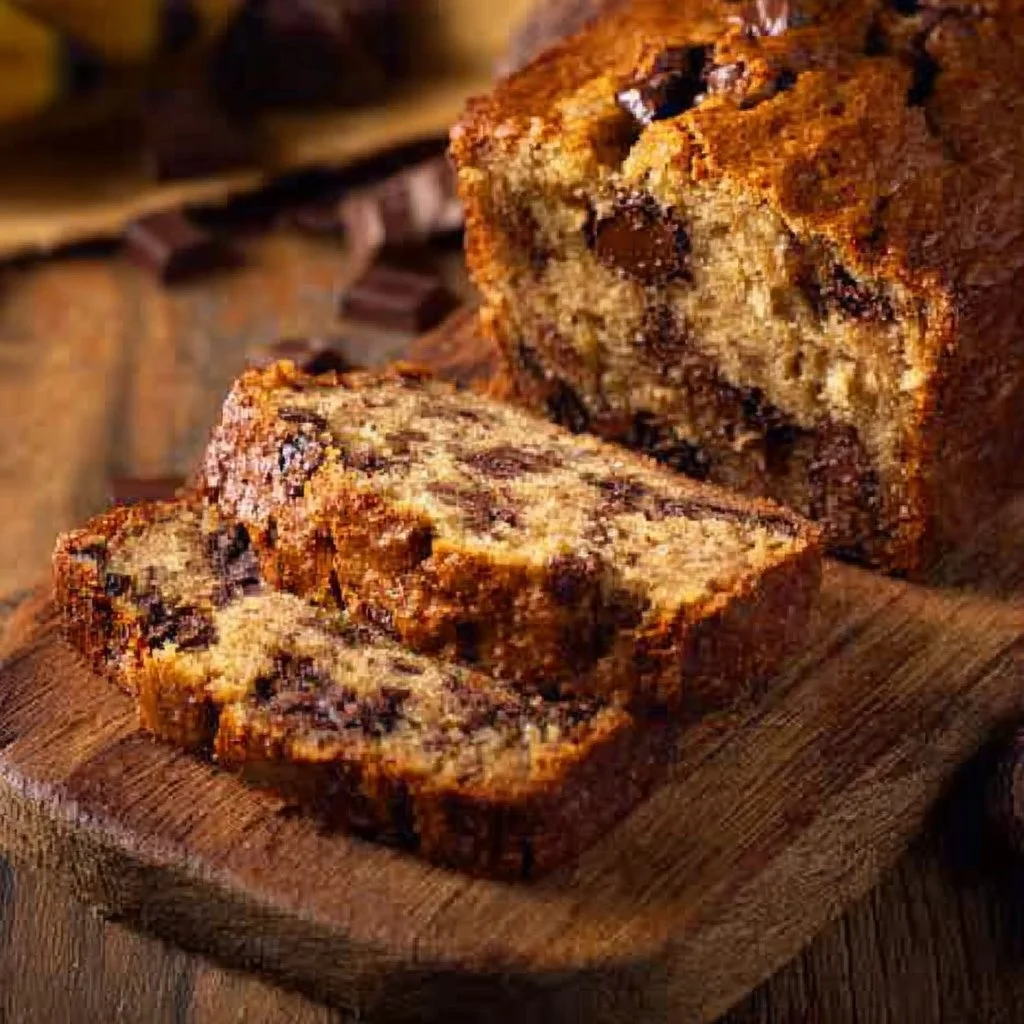 Freshly baked chocolate chip banana bread with slices on a wooden table