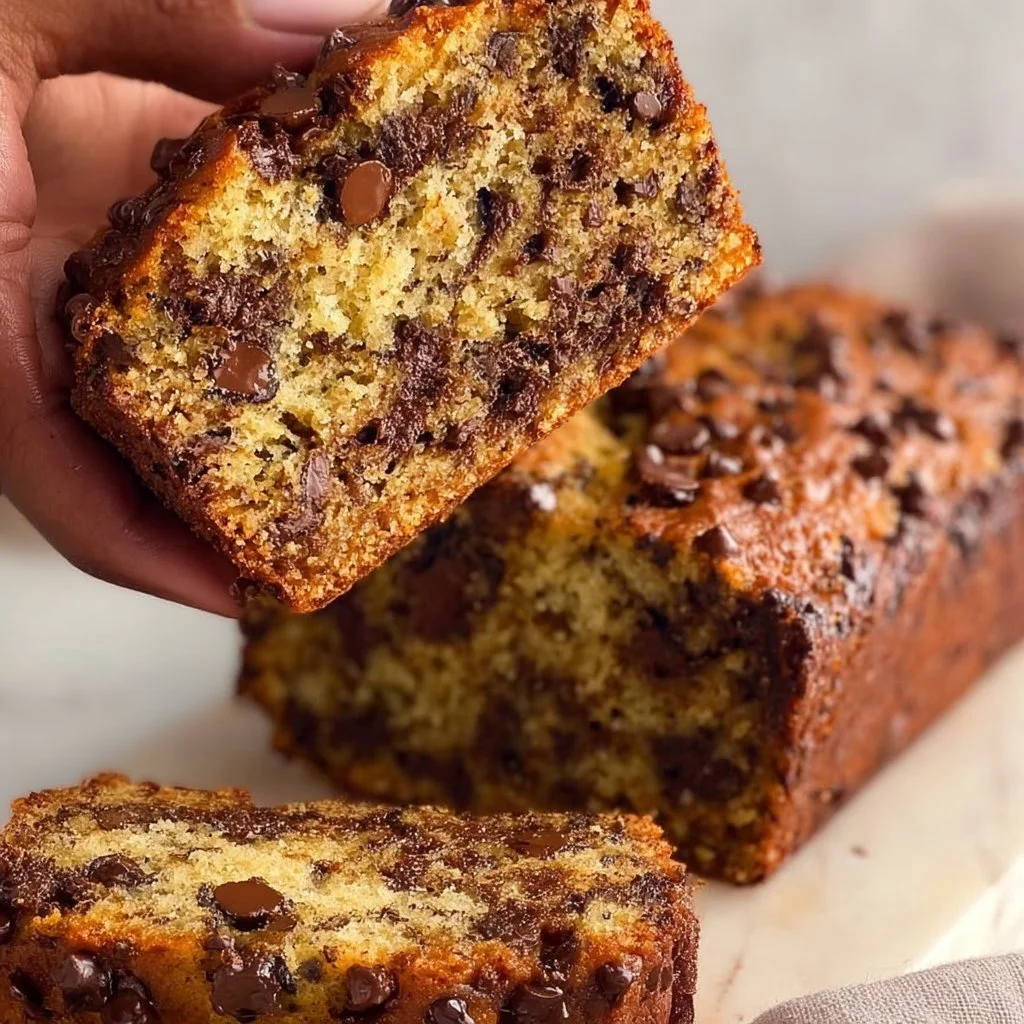 A loaf of delicious chocolate chip banana bread on a wooden cutting board.