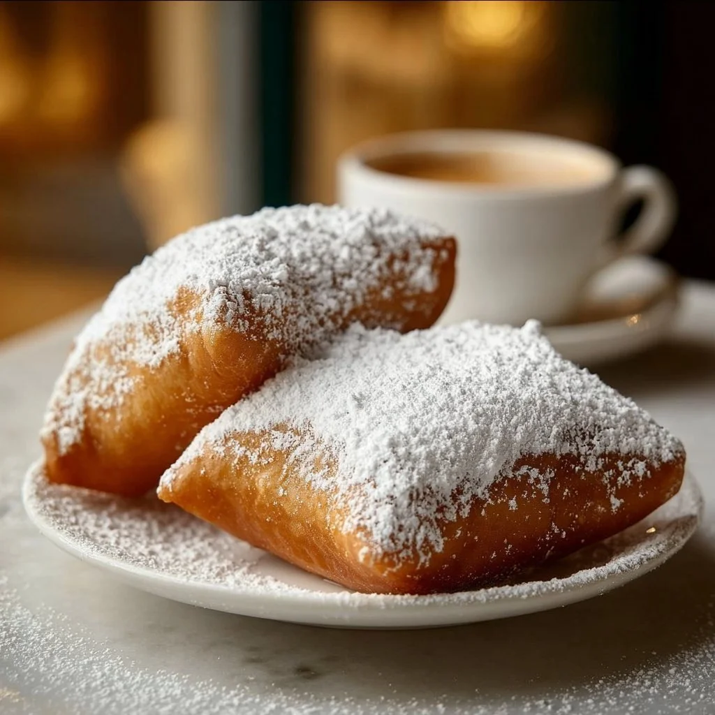 Delicious classic New Orleans beignets dusted with powdered sugar on a plate