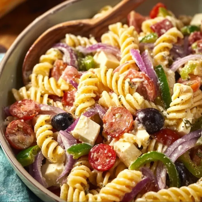 Bowl of classic pasta salad with fresh vegetables and dressing