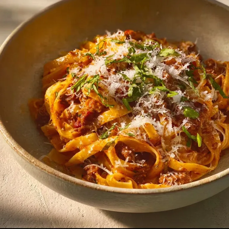 Creamy fettuccine bolognese served in a bowl with fresh herbs