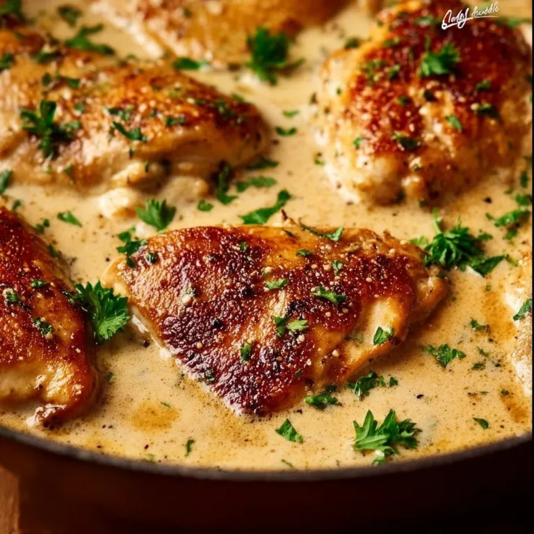 Creamy garlic parmesan chicken served on a plate with herbs and sides.