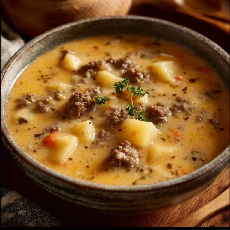 Crockpot creamy potato hamburger soup in a bowl garnished with herbs