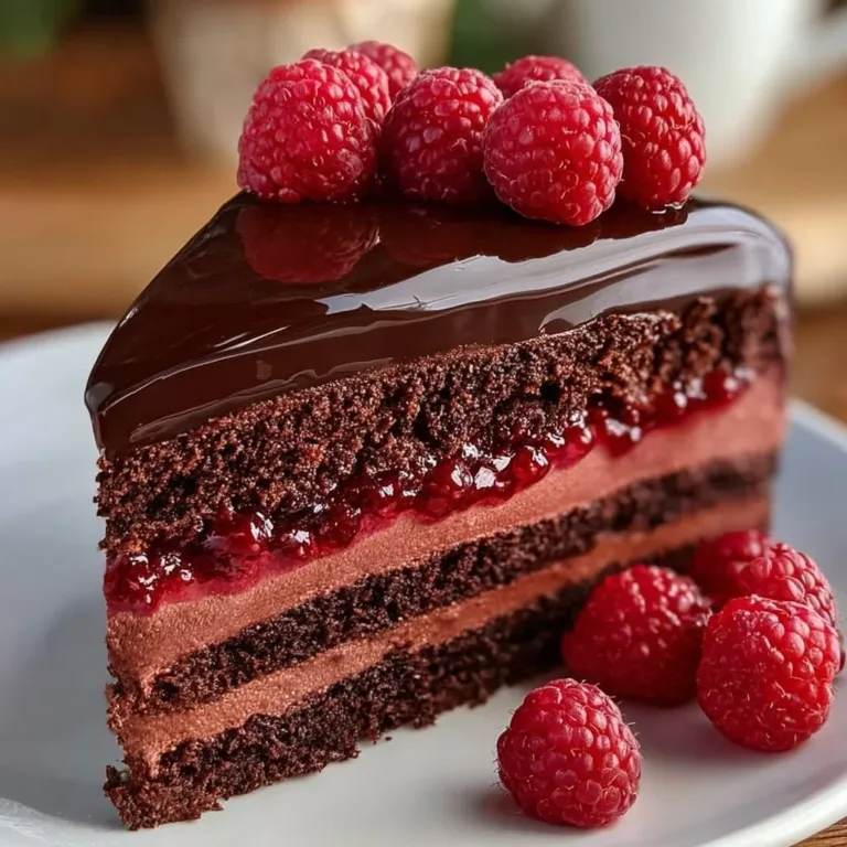 Delicious dark chocolate raspberry mousse cake topped with fresh raspberries