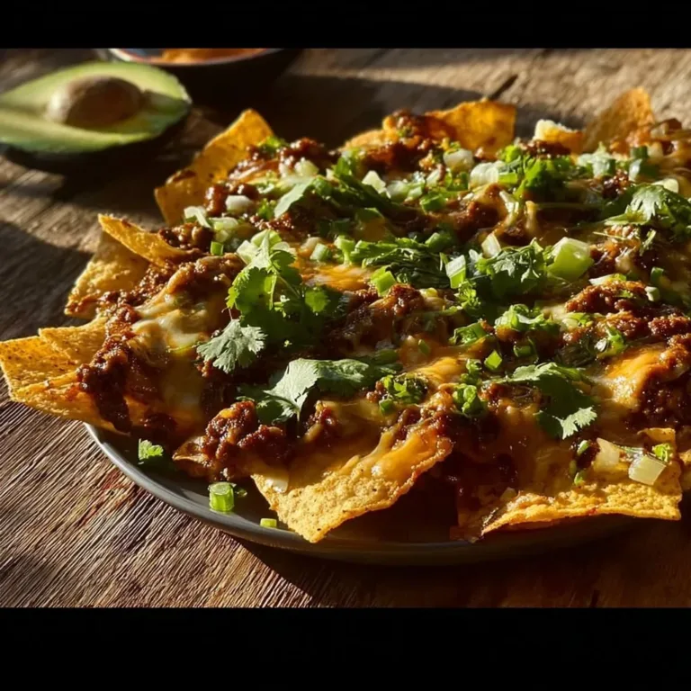 Delicious Easy Cheesy Beef Nachos topped with melted cheese and fresh ingredients.