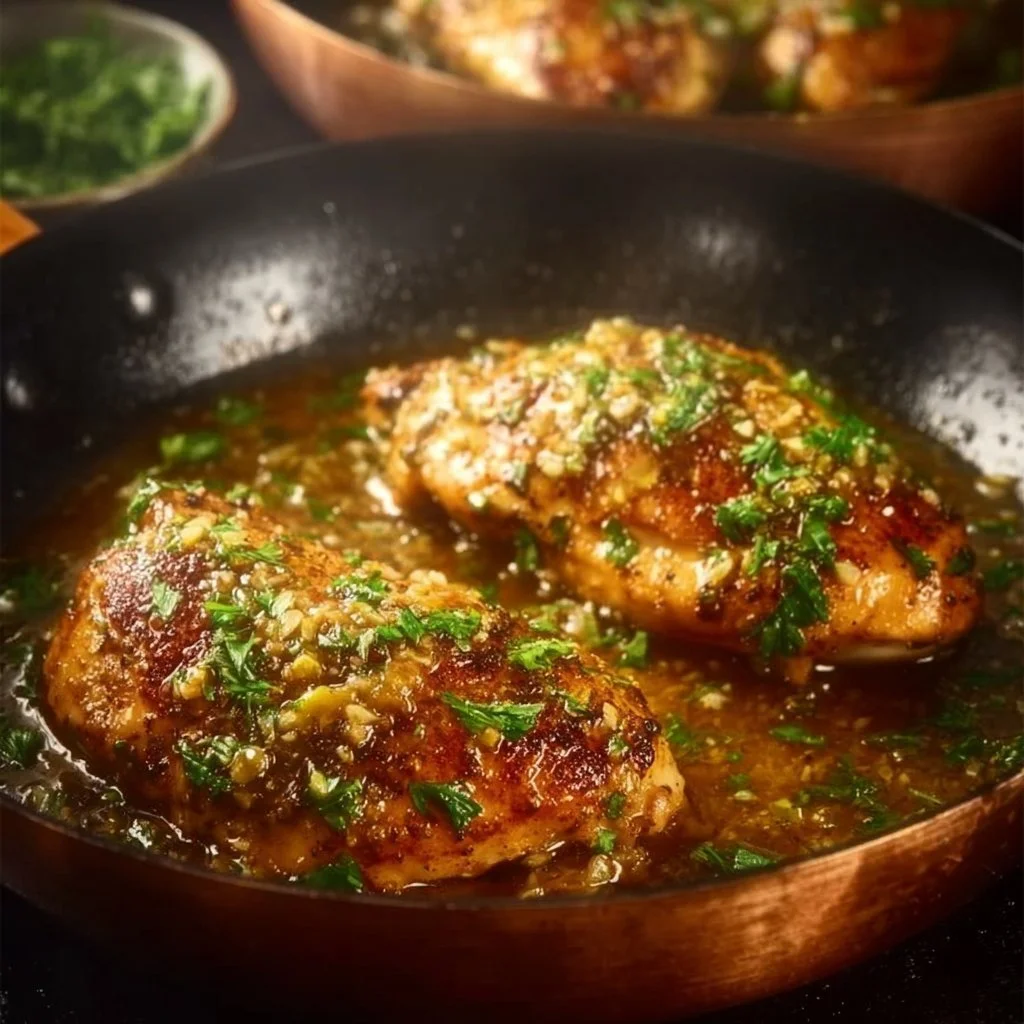 Easy garlic butter chicken dish garnished with herbs
