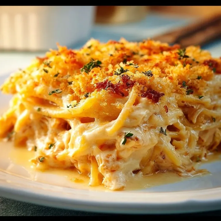 Delicious cheesy chicken spaghetti casserole served in a dish