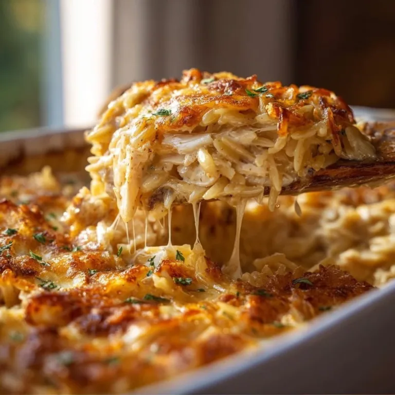 Delicious French Onion Chicken Orzo Casserole topped with melted cheese