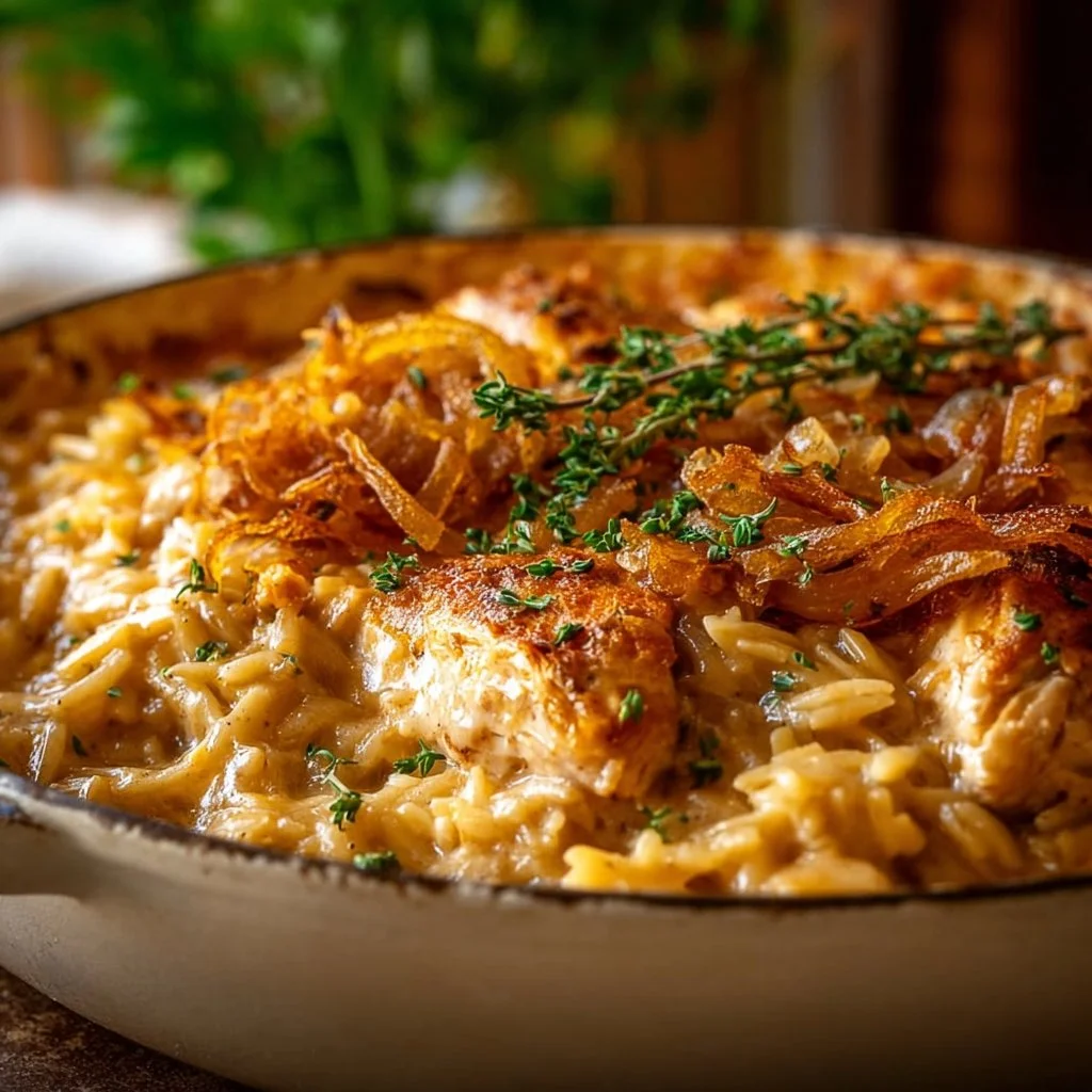 French Onion Chicken Orzo Casserole